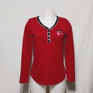 Disney Luxe Mickey Mouse Red Thermal Loungewear Top Small V-Neck Long Sleeve